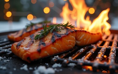 Grilled salmon bbq in cozy winter wonderland with festive lights. High quality