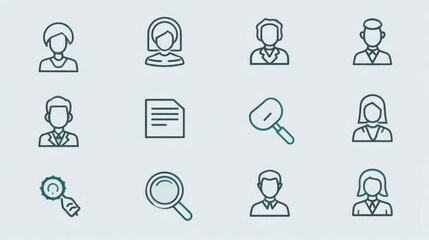 A collection of minimalist icons representing various roles functions and activities in a business or organizational context including people documents and searchresearch related symbols