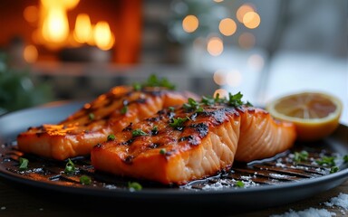 Grilled salmon bbq in cozy winter wonderland with festive lights. High quality