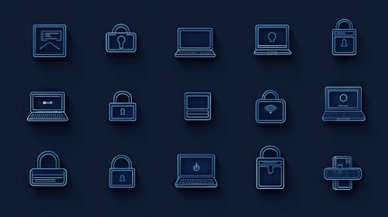 This image is a collection of various icons and symbols representing different aspects of digital security technology and encryption  It includes icons for laptops locks passwords firewalls