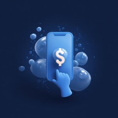 A futuristic smartphone screen displaying a dollar symbol and surrounded by digital financial elements and bubbles symbolizing mobile banking online payment and financial technology