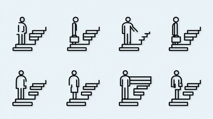 A set of icons depicting people on stairs representing the concept of progress personal growth and career development through different directions and stages of a journey