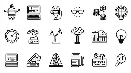 A diverse collection of monochrome icons representing various aspects of technology digital innovation scientific research and computer engineering
