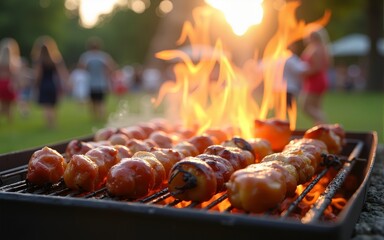 Sizzling barbecue at a vibrant outdoor gathering in a lively park during the warm summer afternoon. High quality