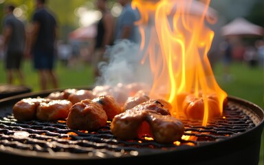 Sizzling barbecue at a vibrant outdoor gathering in a lively park during the warm summer afternoon. High quality