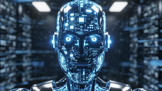 Futuristic Robotic Face with Circuitry - Close-up of a metallic robotic face with blue circuitry patterns glowing vividly.