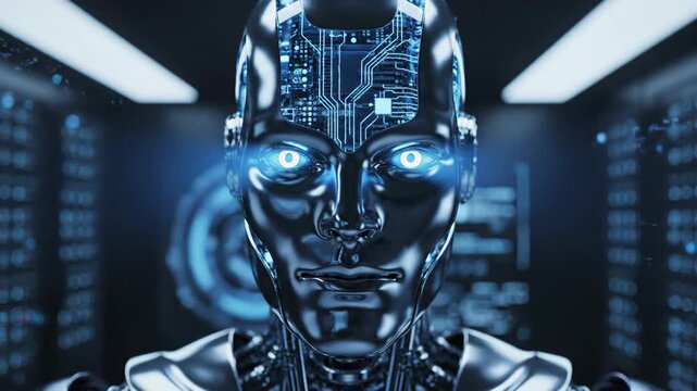Futuristic Robot with Circuitry Highlights - A highly detailed close-up of a futuristic robot with metallic features, illuminated with blue circuitry patterns.