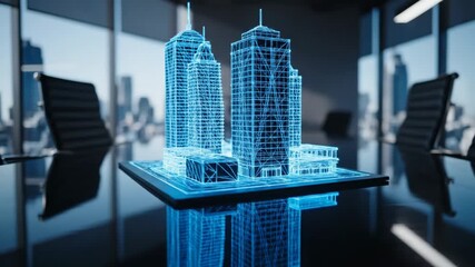 Futuristic Holographic City Model in Office - A digital holographic model of a cityscape is displayed on a sleek conference table in a modern office setting. - Powered by Adobe