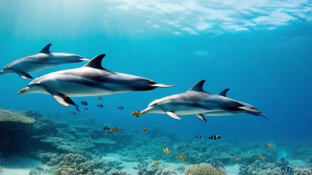 Dolphins swimming in the ocean with coral reefs and colorful fish underwater scene in blue waters dolphin video