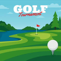 Scenic golf landscape with water feature minimal illustration background for tournament. Golf ball on tee near lake flat vector for event poster. Outdoor golf field illustration with flag and trees.