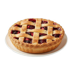 Golden Brown Lattice Top Berry Pie on a White Plate Isolated on Black Background Studio Lighting