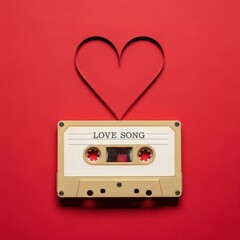 Vintage audio cassette tape with 'love song' text and heart-shaped ribbon on red background