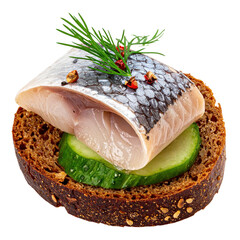 Lithuanian dark rye bread with herring isolated on white background, a classic baltic appetizer with onions and a simple presentation