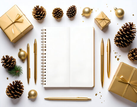Festive Flat Lay Gold Holiday Decor, Blank Notebook, and Elegant Stationery on White Surface