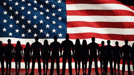 Silhouettes of a diverse group of people united before the American flag - Powered by Adobe