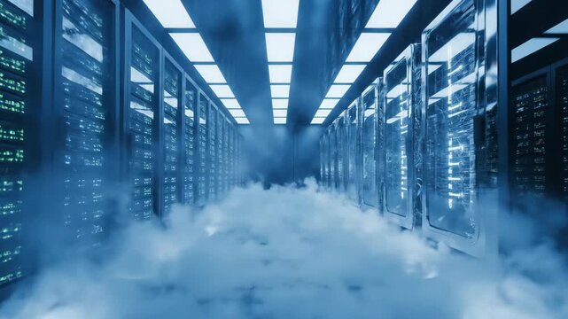 High-Tech Data Center with Fog Ambiance - The video showcases a modern data center with rows of servers illuminated by a blue light.