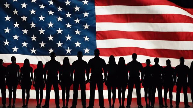 Silhouettes of a diverse group of people united before the American flag