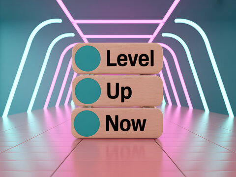 Level up now with this motivational 3D render perfect for your next campaign urging immediate action and progress with modern neon styling