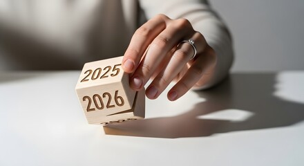 A woman's hand turns a wooden calendar block from the year 2025 to 2026, symbolizing the new year's arrival and future planning