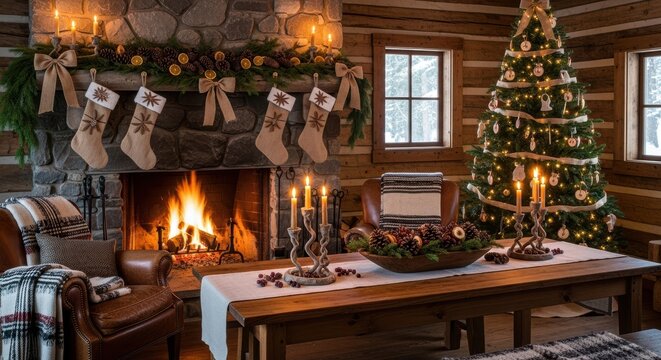  A rustic cabin interior with Christmas decorations made from natural materials like pinecones and burlap.