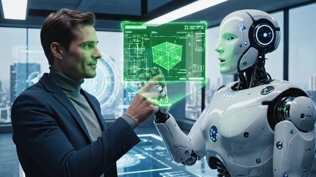 Futuristic Collaboration Between Human and Robot - A modern office setting where a humanoid robot and a man are engaged in a collaborative discussion.