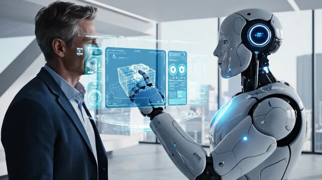 Human-Robot Collaboration in a Futuristic Office - A futuristic office setting where a humanoid robot interacts with a businessman through a transparent, floating digital interface displaying 3D