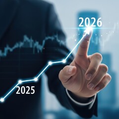 Businessman pointing at glowing financial graph line from 2025 to 2026, growth concept