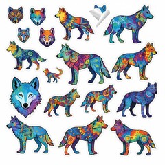 Vibrant Wolf Stickers Collection Featuring Colorful Designs and Unique Patterns for Animal Lovers