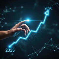 Hand interacting with glowing graph line showing future business growth from 2025 to 2026