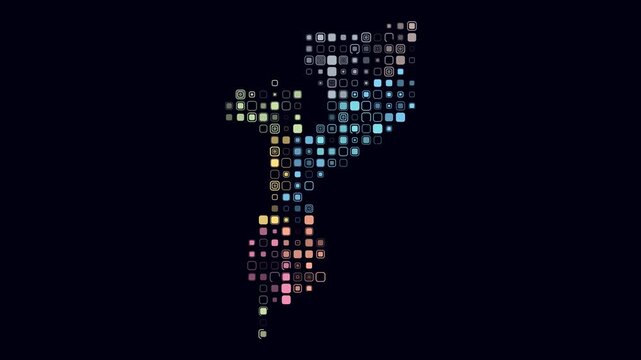 Mozambique animated country shape. Pulsating colored dots on the map of the country. Large size rounded square blocks. Digital style Mozambique map on dark background. Creative animation video.
