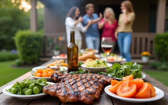 Backyard Dinner Table with Tasty Grilled Barbecue Meat, Fresh Vegetables and Salads. Happy Joyful People Dancing to Music, Celebrating and Having Fun in the Background on House Porch. High quality