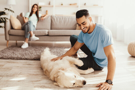 A man is on the floor gently petting a golden retriever in a warm living room. A woman sits casually on the couch in the background, smiling as she enjoys the scene. - Powered by Adobe
