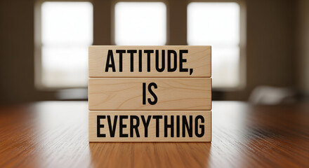 Wooden blocks showing attitude is everything for success mindset and inspirational message in a bright room, perfect for motivation posters