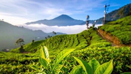 Vibrant tea plantation nestled in a serene mountain landscape under a clear blue sky