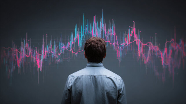 A man viewed from behind studies a glowing holographic stock market graph, symbolizing financial analysis, strategy, data insight, and futuristic business intelligence.