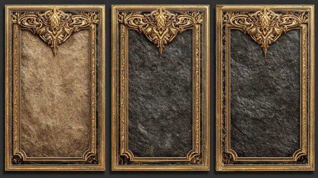 Fantasy trading card with beveled gold edges, minimal elegant design, medieval style, vertical layout with top illustration and dark parchment text area, high contrast sharp template.