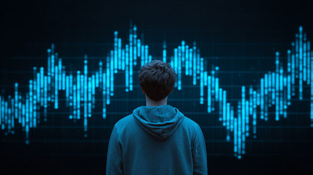 A man viewed from behind studies a glowing holographic stock market graph, symbolizing financial analysis, strategy, data insight, and futuristic business intelligence.
 - Powered by Adobe