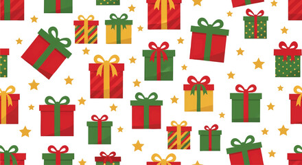 Christmas Gift Box Vector Pattern with Red Green and Gold Presents and Stars