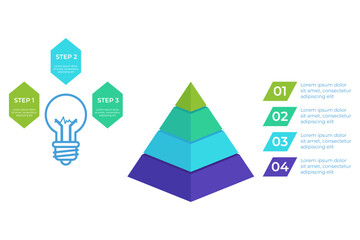 Infographic presenting structured approach with three distinct steps illustrated beside colorful pyramid. Each step designed to guide viewers through specific process visually