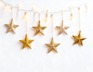 Sparkling star-shaped Christmas ornaments hang from a string of festive fairy lights against a clean white background