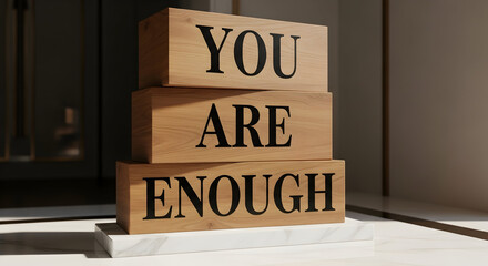 Uplifting message on wooden blocks spells out 'You Are Enough' for motivation and inspiration in neutral tones and minimalist design
