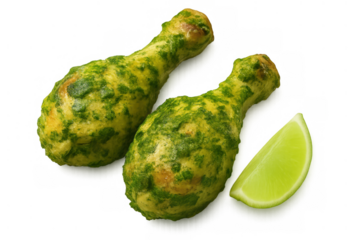 Chicken hariyali kabab drumsticks with fresh lime wedge on transparent background, grilled indian food