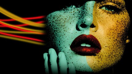 Artistic Portrait of Freckled Woman with Bold Makeup and Colorful Light Streaks