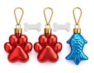 Holiday pet treat collection including decorated dog biscuits and catnip toys on white background