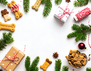 Festive flat lay featuring an assortment of pet holiday treats, decorated dog biscuits, and charming small gifts, beautifully arranged on a clean white background for seasonal celebrations