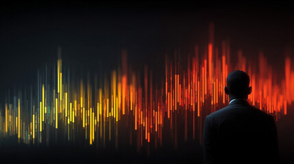 A man viewed from behind studies a glowing holographic stock market graph, symbolizing financial analysis, strategy, data insight, and futuristic business intelligence.
