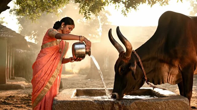 Rural Harmony Woman Caring for Ox in Traditional Indian Village Life Animation 4k - Serene Depiction of Kindness