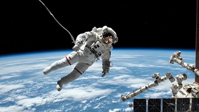 Space explorer astronaut floating near Earth in zero gravity space environment