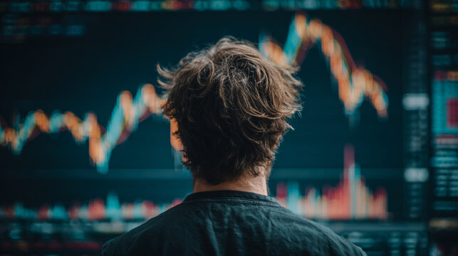 A man viewed from behind studies a glowing holographic stock market graph, symbolizing financial analysis, strategy, data insight, and futuristic business intelligence.
