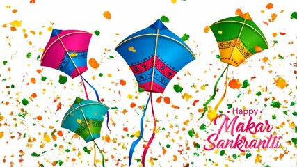 Makar Sankranti Festival Celebration with Colorful Kite Animation 4k Featuring Festive Background and Decorative Elements